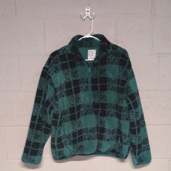 OFFLINE by Aerie Sherpa Quarter-Zip Pullover, Green Plaid, Size L, EUC - Picture 2 of 8